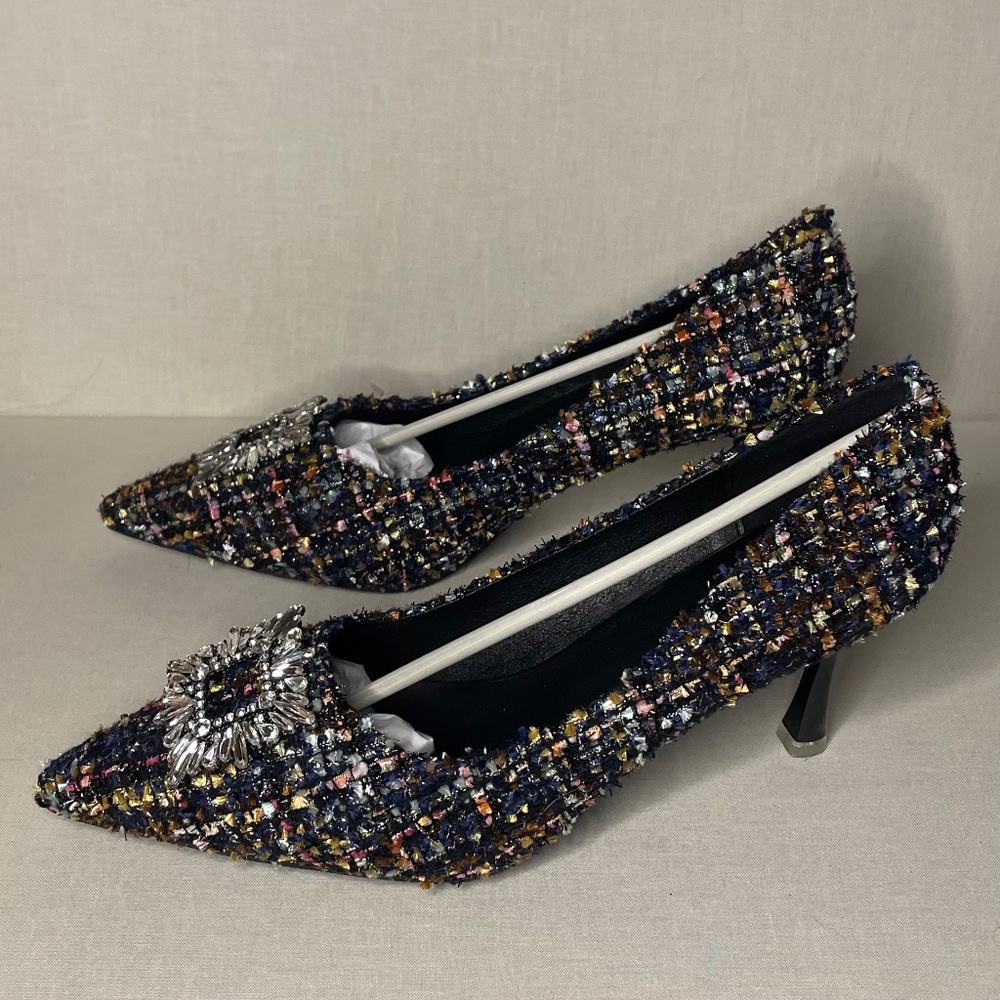 C. Paravano Multicolor Tweed Pointed Toe Heels w/ Crystal Buckle EU 41 (US 10) - Picture 6 of 16